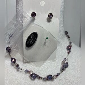 Swarovski purple crystal earrings, light/dark purple bead silver tone necklace